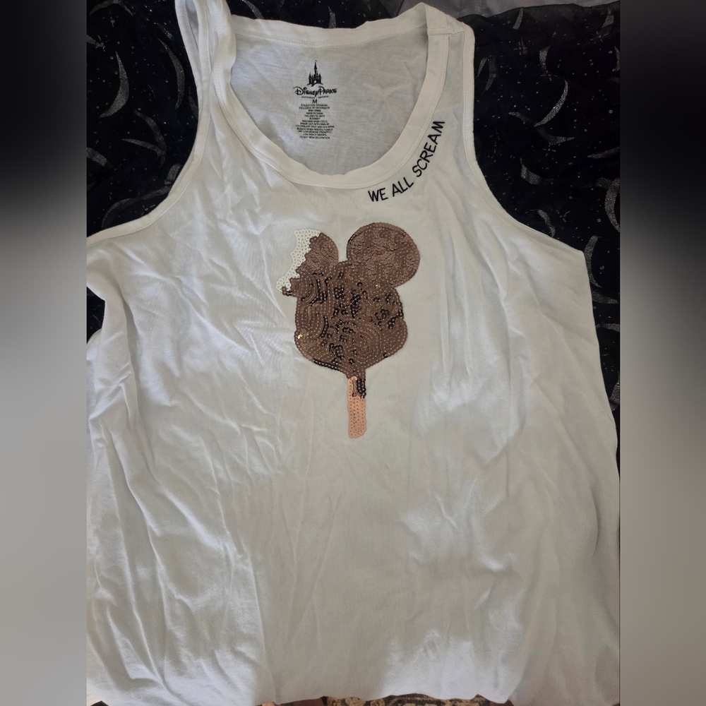 Disney White Tank Top with Rose Gold Sequin Mickey Ice Cream